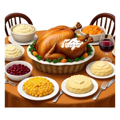 Thanksgiving Dinner with 6 friends of all different races around the table; have the food be a cooked turkey, mashed potatoes, corn, a basket of biscuits, a small bowl of cranberry sauce, baked yams, steamed vegetables, and a bottle of wine. sticker