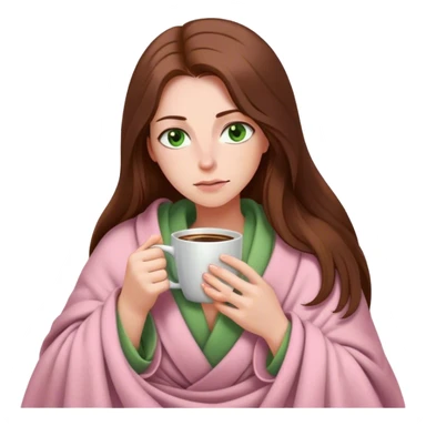 woman with very long brown hair and green eyes in a light pink blanket sleepy with coffee sticker