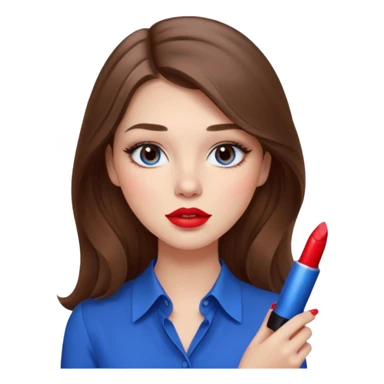 Crea una chica con cabello largo color castaño y ojos cafés claro que tenga blusa moderna color azul y que esté sujetando un labial moderno color rojo y con maquillaje sticker