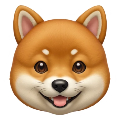 Head of a Shiba Inu dog, in orange-brown fur with white muzzle and cheeks, round face, big black eyes, perky ears, grinning with closed mouth, no tongue, front-facing, glossy texture, soft shadows
 sticker