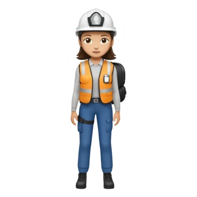 Brunette brown Girl full body standing with her white security helmet and security vest on, also with her black backpack sticker