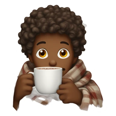 a cosy boy with curly hair wrapped in a blanket with a cup of hot chocolate sticker