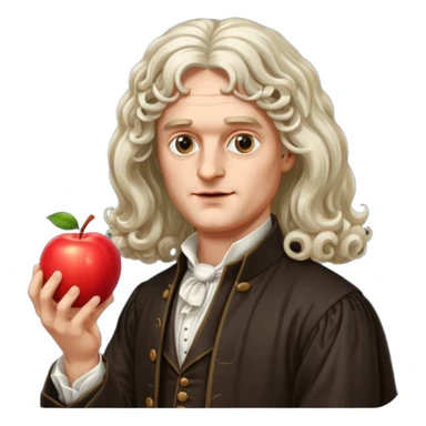 Isaac Newton wearing aristocratic attire with long curled periwig, hold an apple sticker