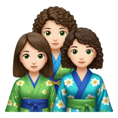 Two girls eating, one brunette with straight hair and another brunette with curly hair, emoji style, first girl has a blue kimono and the second girl has a green kimono sticker