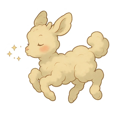 vanilla-colored cloud doe, floating with rosy cheeks and blowing sparkles, ghibli style sticker