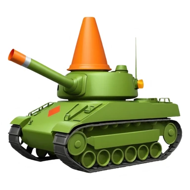 green military tank with a traffic cone with a face flattened under its treads, emoji style sticker