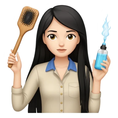 A white woman with long, straight black hair, wearing an ivory-colored shirt, holding a small square wooden paddle hairbrush in her left hand and spraying a hair mist bottle with her right hand toward her hair. sticker