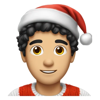 Young Italian man with black hair wearing a knitted Christmas sweater and a Santa hat  sticker