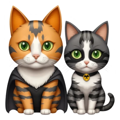 A grey tabby cat with dark grey stripes and green eyes sitting next to a calico cat with orange eyes, calico cat has dark fur around her eye almost like a Batman mask sticker
