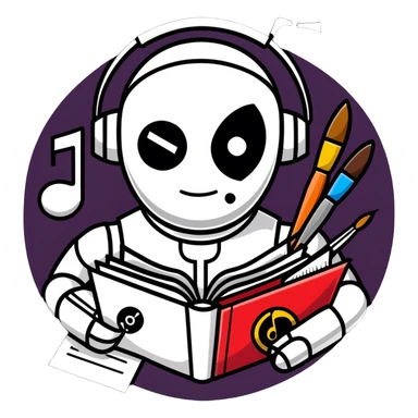 A shiny metal robot man with a circular chest plate divided into four segments, each featuring an art symbol: paintbrush, musical note, drama masks, and book sticker