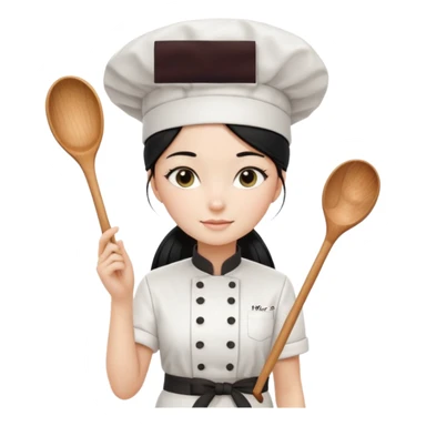 
A beautiful girl wears a white chef's uniform. Her long, straight black hair is styled in a ponytail. She wears a white chef's hat and holds a wooden cooking spoon. She is standing and wearing black shoes. The illustration style is 2D realistic.. sticker