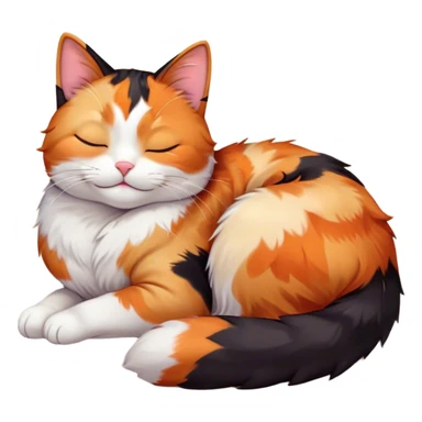 Meme-Worthy Cute Sleeping Calico Cat Portrait Emoji, Head resting peacefully with a content, gentle smile and softly closed eyes, featuring a delicate patchwork fur in vibrant orange, black, and white hues, simplified yet irresistibly endearing, highly detailed, glowing with a soft, drowsy radiance, high shine, exuding relaxed and utterly lovable charm, styled with a gentle, soft glowing outline, capturing the essence of a sleeping calico cat that appears destined to become a viral icon of adorable rest! sticker