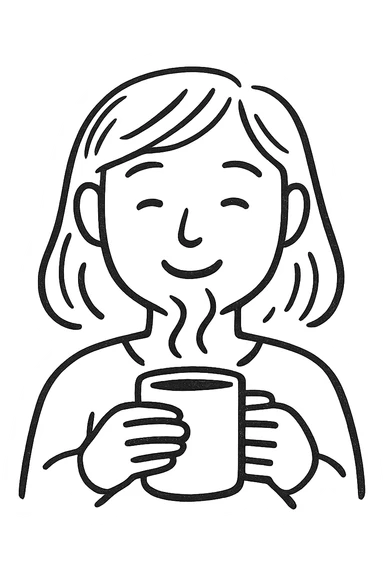 simple black and white pen sketch emoji of a woman with a soft smile, holding a steaming mug in both hands, casual hand-drawn minimal style, cozy leisurely feeling, expressive face sticker