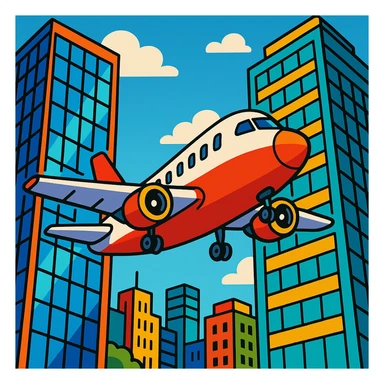 An airplane navigating between two modern skyscrapers, city background, energetic scene, bold colors, no text sticker