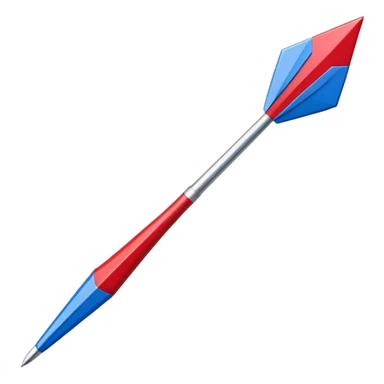 emoji-style icon of a dart with a sharp pointed metal tip, slim wooden or metal shaft, colorful fletching at the back in red, white, and blue, minimalistic, clean lines, bright colors, angled diagonally upward to the right, subtle shadow or highlight for depth sticker