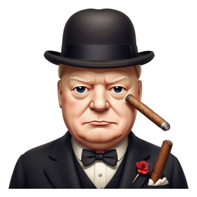 Cinematic Realistic Winston Churchill Portrait Emoji, depicted as a resolute British statesman with a signature bowler hat and a cigar, exuding determined leadership and wartime valor, rendered with lifelike textures and dramatic vintage lighting that captures his iconic British spirit. sticker