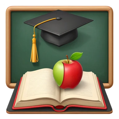 An icon featuring an open book, a chalkboard with lesson plans, and a pencil, symbolizing education and pedagogy. The design includes an apple and a graduation cap, representing teaching and learning. Transparent background highlights the growth and development in education. sticker