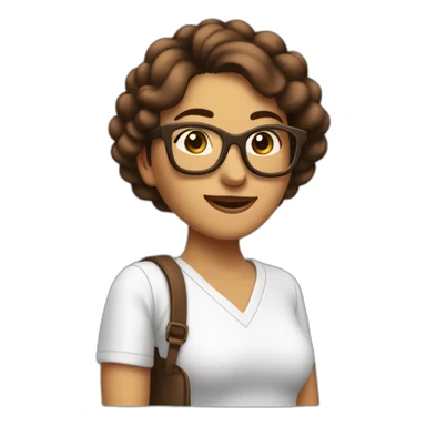mujer riendo con piel de color blanco con gafas cabello hasta el hombro y de color marron con un computador sticker