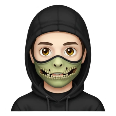 это должен быть юноша, одет в черную худи с балаклавой, глаза цвета хамелион, но более коричневые, выглядит как зомби и еще немного длинные волнистые кудрявые волосы темно коричневого цвета, также добавь темный оттенок на задней фон sticker