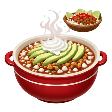 A delicious hot bowl of pozole rojo emoji. Steam rising. Hominy visible. Place the sides next to the bowl: chopped onions, shredded cabbage, lime wedges, red chile de arbol salsa, and full round tostadas with a light smear of sour cream sticker