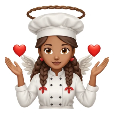 Brown-skinned female chef with long braided brown hair, wearing a chef's hat, with both an angel halo and devil horns, making a heart shape with her hands sticker