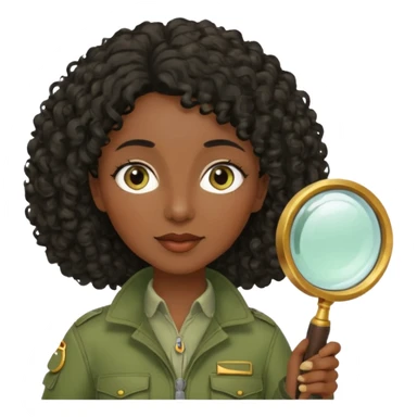 dark skin curly black haired middle-aged woman in moss green explorer outfit, holding magnifying glass sticker