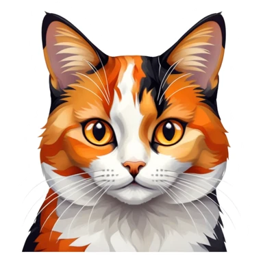 cinematic-noble-calico-cat-portrait-emoji,-poised-and-regal,-with-a-striking-patchwork-fur-in-vibrant-orange,-black,-and-white-hues,-delicate-whiskers-and-a-refined,-focused-gaze,-simplified-yet-exquisitely-detailed,-glowing sticker