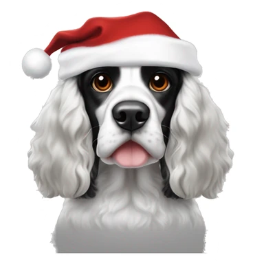 black and white trimed english cocker spaniel with spots on nose and black ears and santa hat sticker