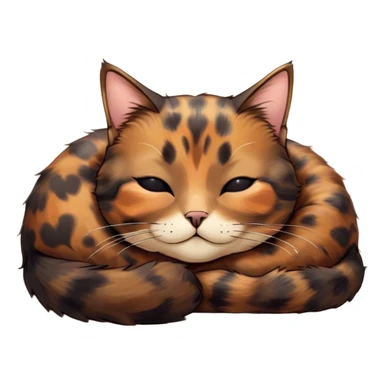 Meme-Worthy Cute Sleeping Tortoiseshell Cat Portrait Emoji, Head resting with a serene, sleepy smile and softly closed, dreamy eyes, showcasing a warm, mottled fur of rich browns and blacks, simplified yet adorably detailed, glowing with a gentle, drowsy radiance, high shine, exuding relaxed, heart-melting charm, styled with a soft glowing outline, capturing the essence of a sleeping tortoiseshell cat that radiates pure, peaceful cuteness! sticker