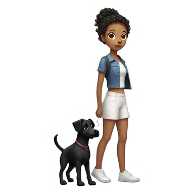 Girl with curly ponytail walk with a black dog with white Chest sticker
