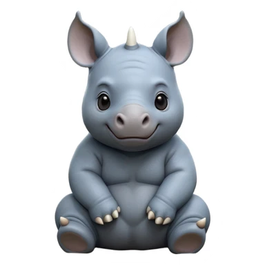 cinematic-baby rhino-full-body-sitting-emoji,white horn, slate grey/blue skin -massive-body-poised-powerfully,-thick-horn-curving-slightly-forward,-head-tilted-dramatically,-rough-grey-hide-covered-in-dust,-simplified-focused-features, large cute black eyes sticker