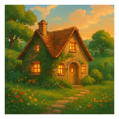 cozy cottage in a lush landscape with warm lighting in ghibli style sticker