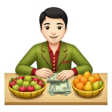 hombre piel clara pelo negro con ropa de frutero sentado en una mesa contando mucho dinero sticker