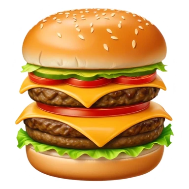 Cinematic juicy cheeseburger, perfectly grilled patty, melted cheese, crisp lettuce, tomatoes, and pickles, soft sesame seed bun, glossy and rich, warm glowing background, ultra-detailed and appetizing. sticker
