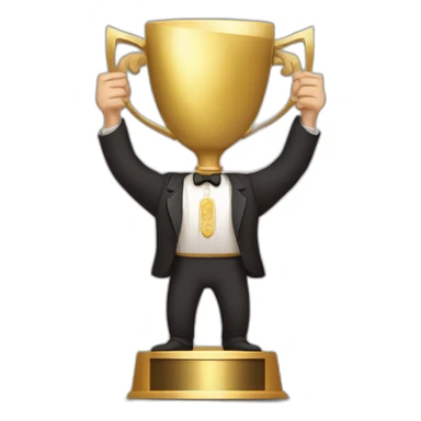 the white European man Celebrating,the white European man brown hair Celebrating, Raising a gold trophy in your hands, full body, Elegant dress Raising a gold trophy in your hands sticker