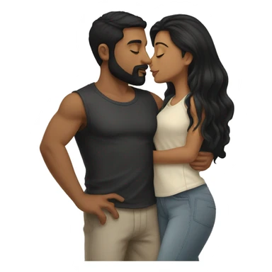 Medium skinned toned short bearded man with black hair kissing medium skin toned girl with black long hair wearing pajamas sticker