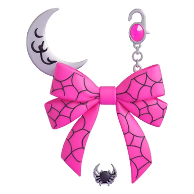 3D emoji style pink bow with gothic effect, neon pink, black spiderweb pattern, and silver crescent moon charm sticker