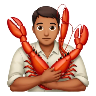Man cuddling a big red lobster sticker