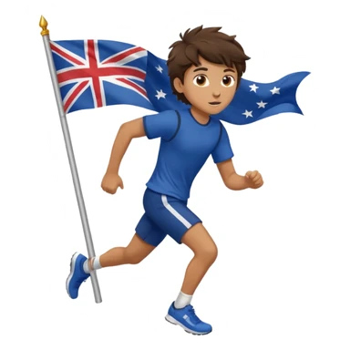 A teen boy with messy brunette hair, running with a fluttering flag behind him. sticker