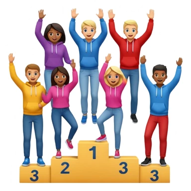 winners’ podium with multi-racial people, un-numbered, middle step higher, fun, colorful clothes like jeans, t-shirts, and hoodies, excited, fun, expressive emoji style sticker