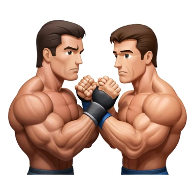 Arnold Schwarzenegger and Sylvester Stallone from 'Over the Top,' locked in an arm wrestling battle, using only their right hands. Their left hands rest on the table. Both display immense strength, with muscular arms flexing, under bright competition lights. Transparent background. sticker