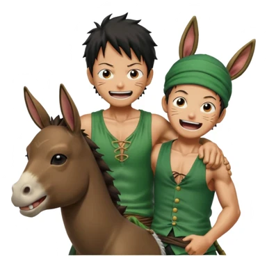 Luffy is riding on Zoro's back, and Zoro looks hilariously like the donkey. Zoro looks angry, and Luffy is laughing. The whole scene is very funny. sticker