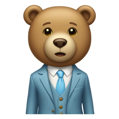 Light brown teddy bear with a light blue suit, with two light yellow buttons on the suit sticker
