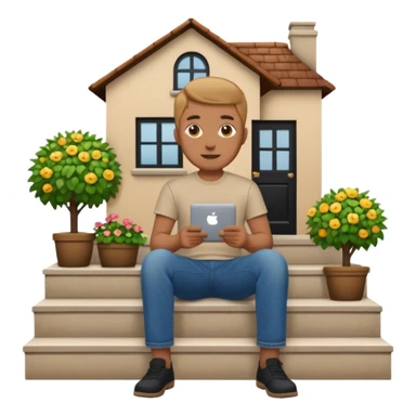 a home which has garden like and the home has slack emoji, where on the house steps, a blob chratcter holding black mac should sit and should look like wiork sticker