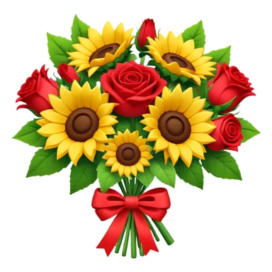 sunflowers and red roses bouquet tied with a bow, soft 3d claymation style, pretty sticker