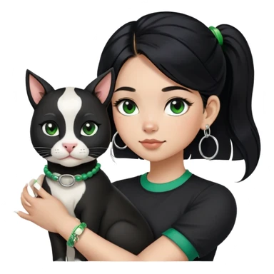 A girl with long straight black hair has upward-slanting eyeliner. She is wearing large silver hoop earrings, a black short-sleeved shirt, and a green bracelet on her left hand. She is holding a cow cat with a black face and white "gloves". sticker