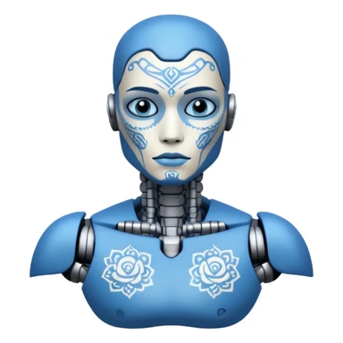 blue Tatooed robot, big many tatooes on chest, neck and face, white tatoo on face sticker