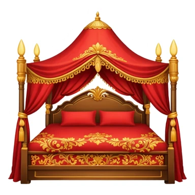 bed with red and gold sheets, wooden, canopy sticker