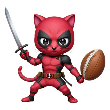 Epic cat ninja with two swords  with bubble gum hand looking like Deadpool holding a football with the egg ready for some action  sticker