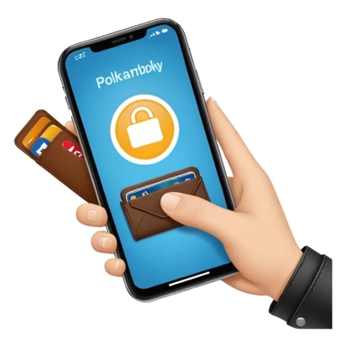 cheerful hand holding smartphone with Polkassembly logo and wallet app open showing connect button symbolizing connecting wallet to Polkassembly sticker
